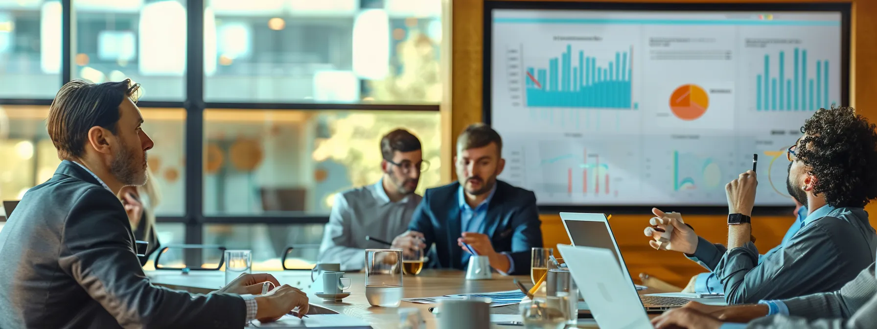 business professionals sitting around a conference table, engaged in heated discussion with charts and graphs, trying to negotiate customized morning restore service packages.