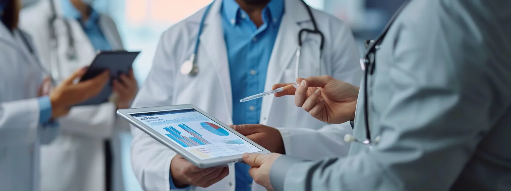 a group of professionals pointing at a chart showing before and after health transformations.