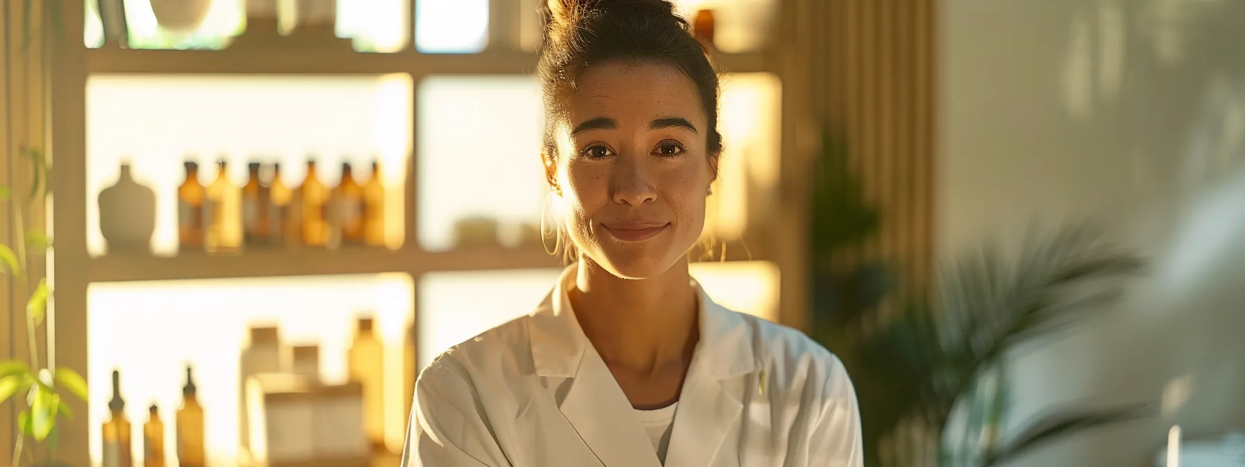 a professional businesswoman demonstrating a holistic approach to well-being while showcasing products for activated you by maggie q.