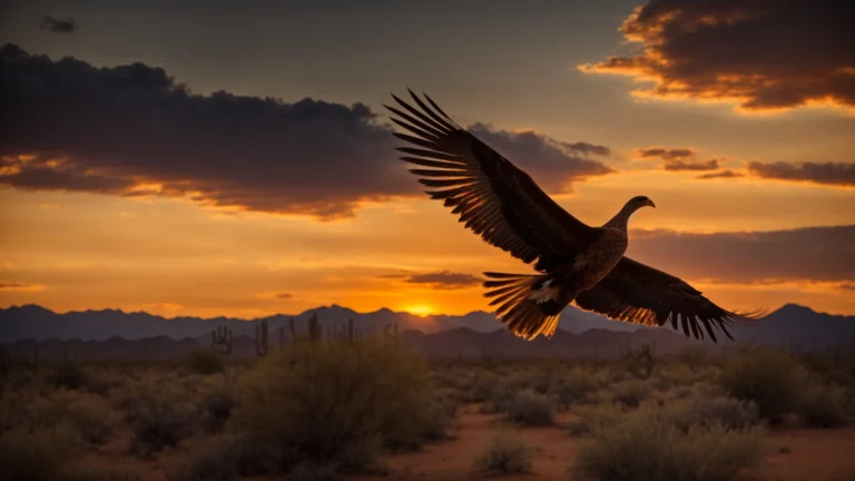 a phoenix soaring over the arizona desert at sunset.