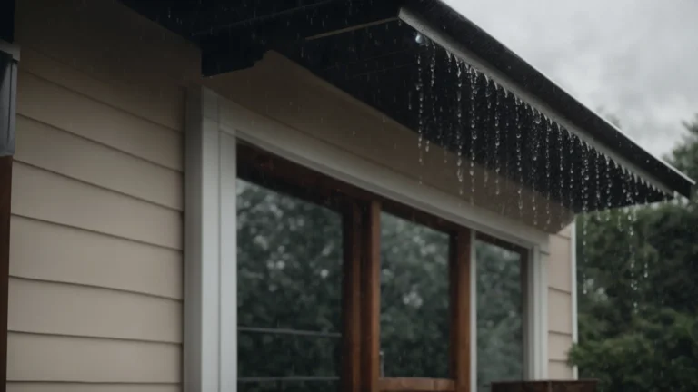 rain pours down from a roof, streaming smoothly through a clean rain gutter.