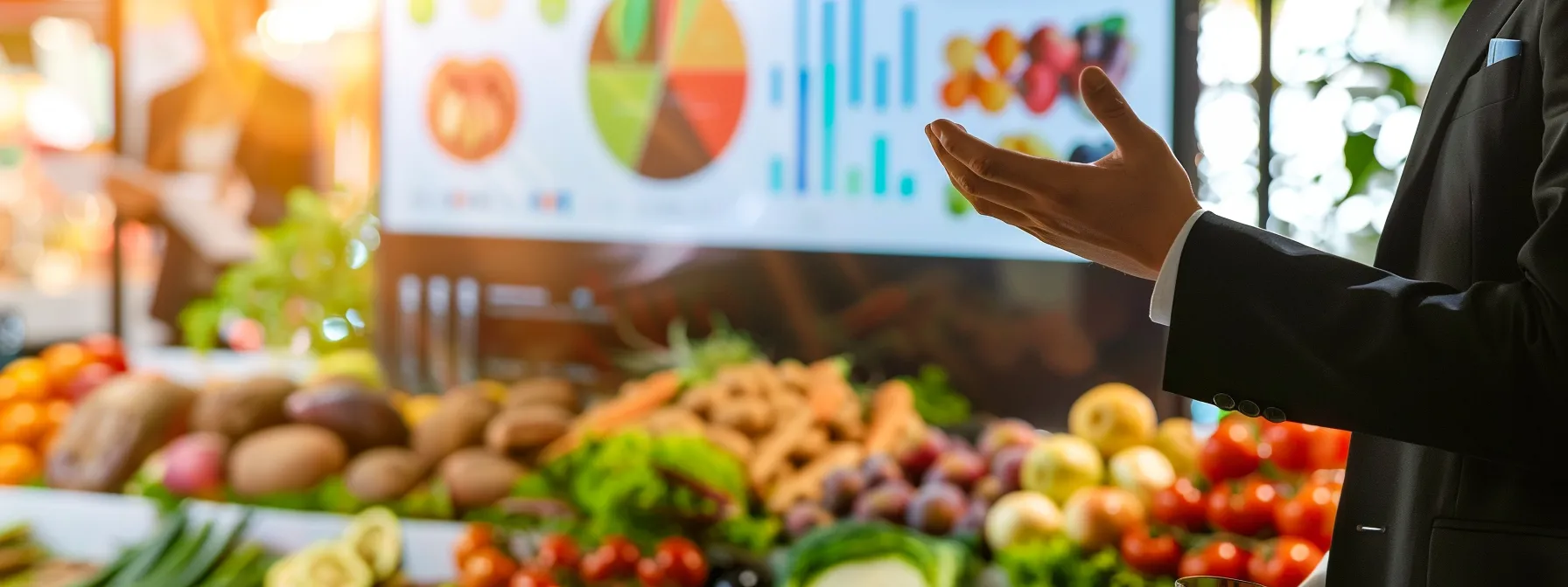 a professional business person presenting a lecture on lectin sensitivity with a chart of high-lectin foods in the background.