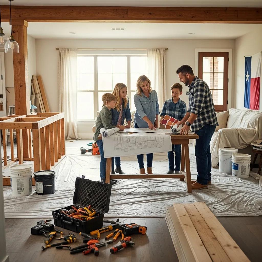 Family reviewing home renovation plans with a contractor in Fort Worth — residential construction in action