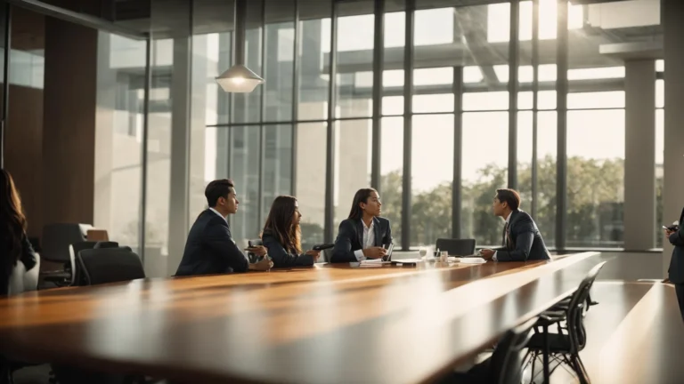 a dynamic team brainstorming around a sleek conference table illuminated by natural daylight.