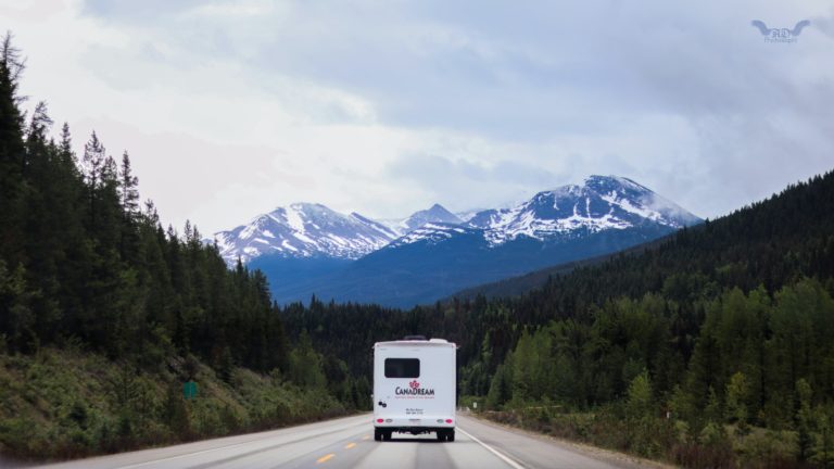 a white van on a road with trees and mountains in the background