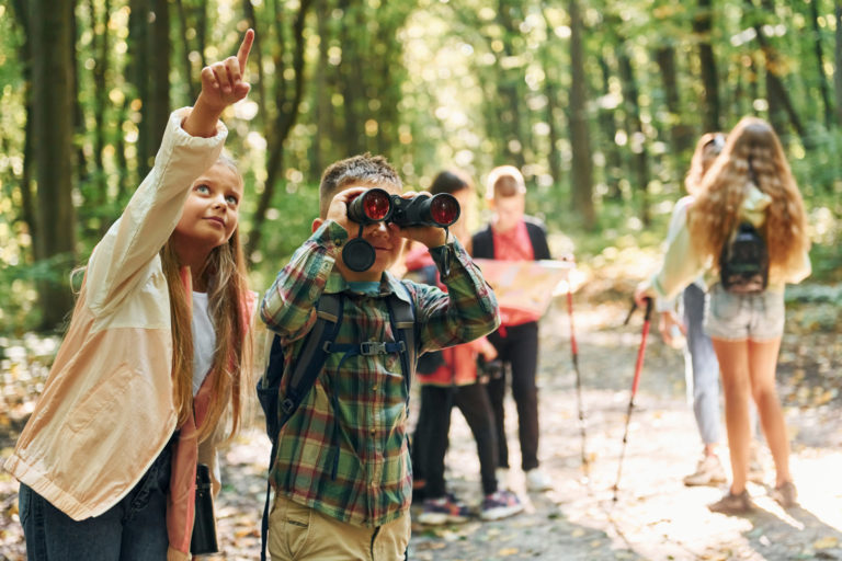 ew places. Kids in green forest at summer daytime together