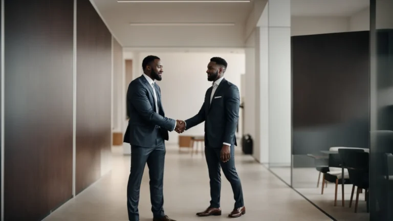 a professional shaking hands with a client after closing a deal in a modern office.