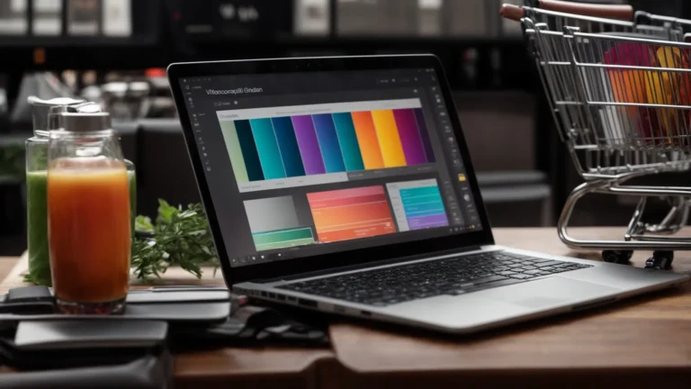a laptop displaying colorful graphs next to a shopping cart filled with various products on a desk.