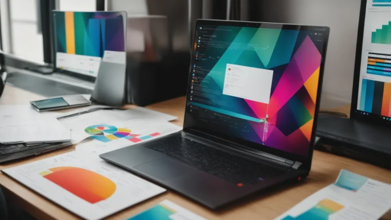 a laptop with vibrant graphs on the screen, surrounded by marketing strategy documents.