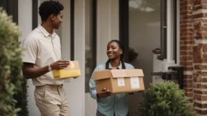 a person receiving a package at the front door from a delivery person.
