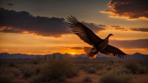 a phoenix soaring over the arizona desert at sunset.