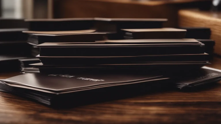 a neatly stacked pile of sleek business cards on a polished wooden desk with soft lighting.