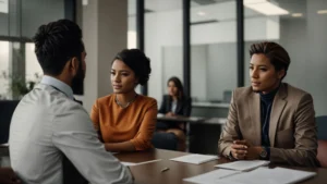 two people in a consultation session with a lawyer in an office.