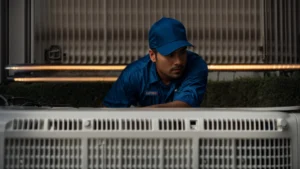 a professional hvac technician is inspecting a modern air conditioning unit with a flashlight.