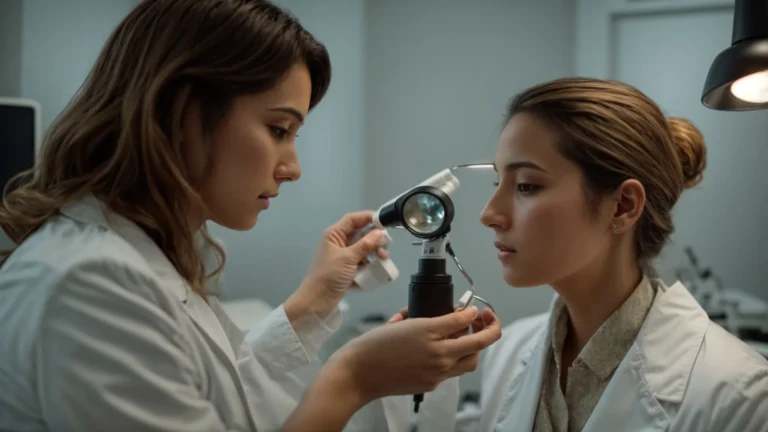 a dermatologist is examining a patient's facial skin with a magnifying lamp in the clinic.