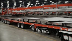 a row of sturdy flatbed trailers parked in a distribution center, ready for loading.