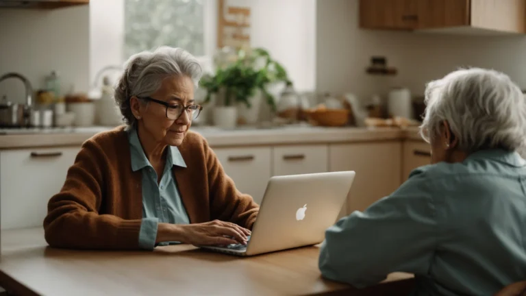 a nurse sits at a kitchen table with a laptop, discussing care plans with an elderly patient.