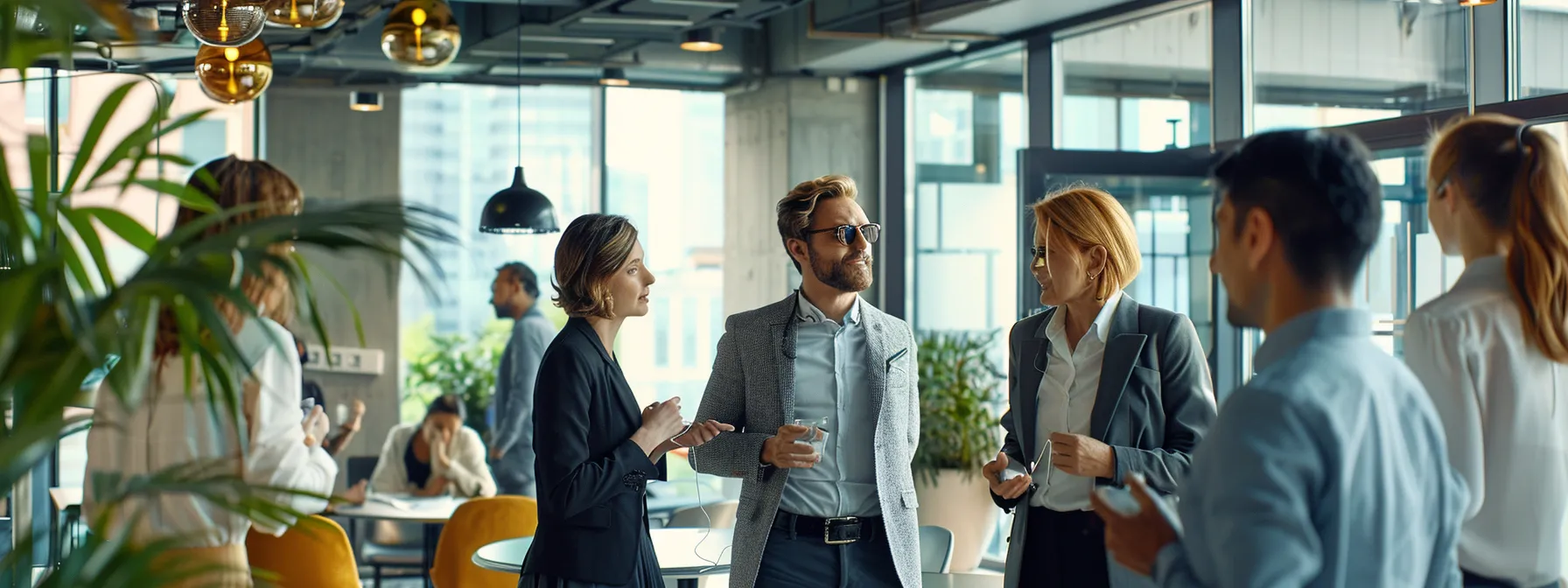 a group of professionals in a stylish office setting demonstrating the use of gut health supplements tied to an anchor.