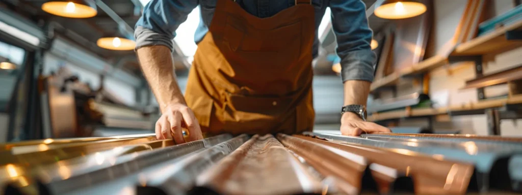 a professional business owner examines various types of gutter materials displayed on a table, including aluminum, copper, and steel.