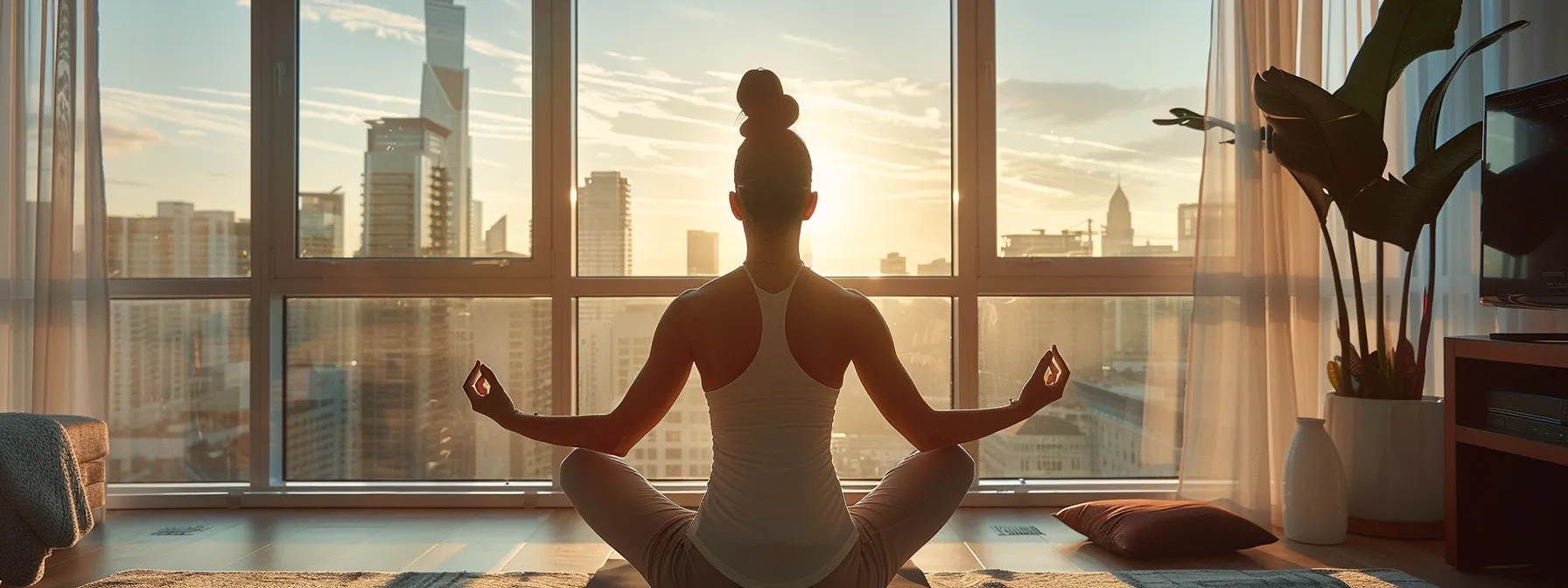 a business professional engaging in a morning yoga routine with a serene anchor backdrop.