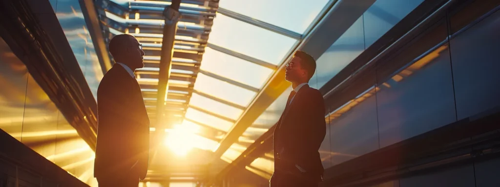 business professionals examining a high-tech seamless gutter system.