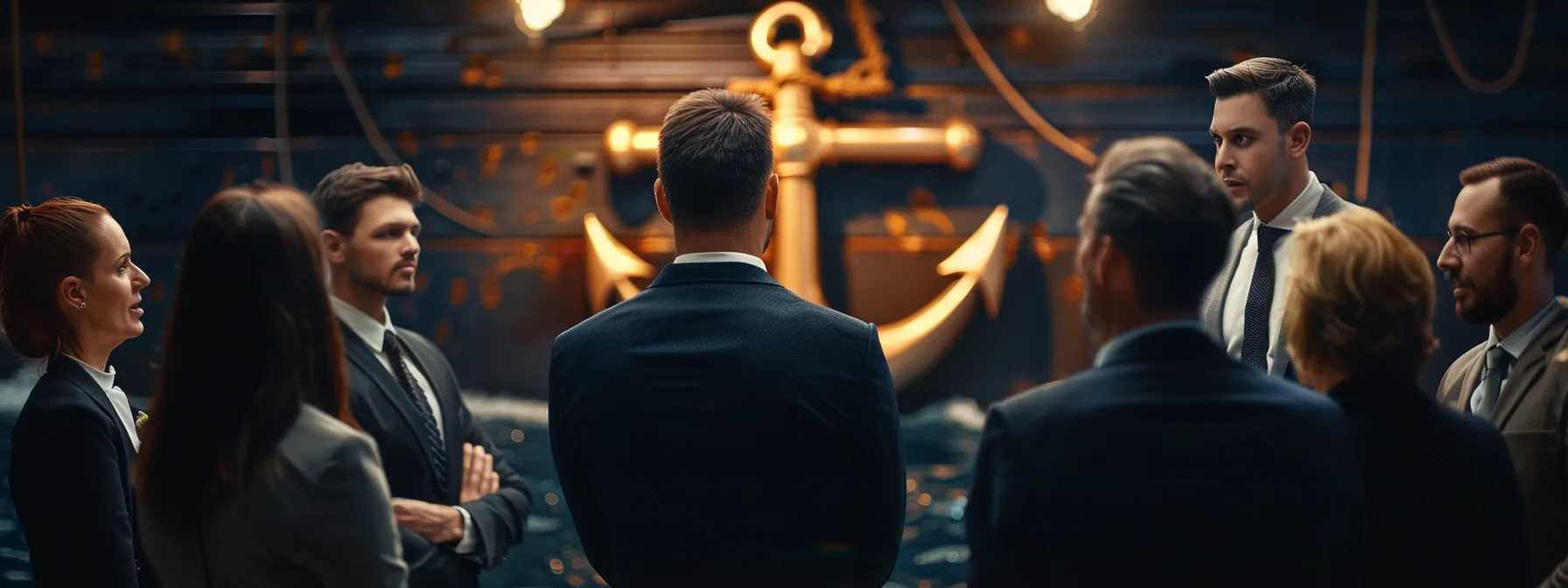 a group of business professionals gathered around a large anchor symbol, intensely discussing the benefits and outcomes of using rightanswers versus kms lighthouse for user experience and accessibility purposes.