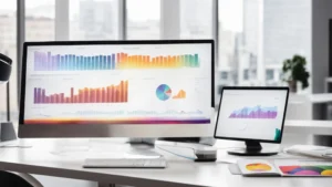 a computer screen displaying colorful graphs and marketing metrics beside a white, gleaming office desk with a minimalist design.