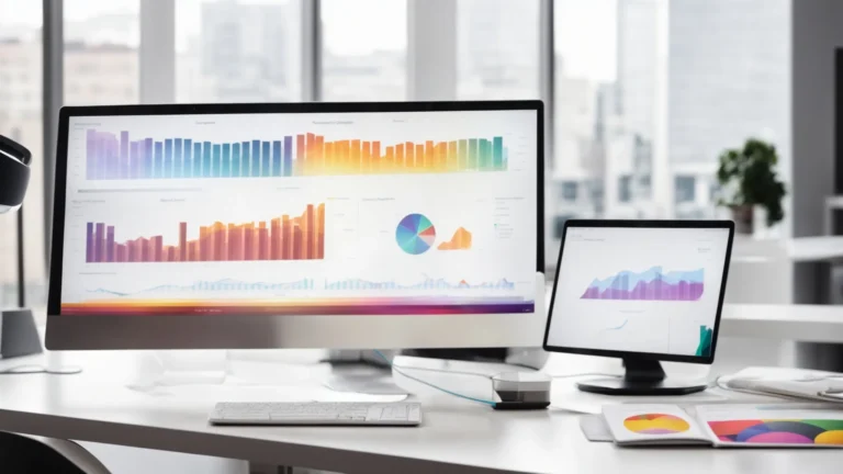 a computer screen displaying colorful graphs and marketing metrics beside a white, gleaming office desk with a minimalist design.