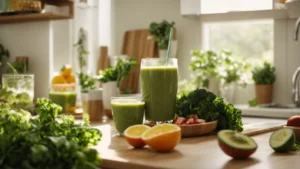 a person happily sipping a smoothie filled with green vegetables and fruits on a sunny kitchen counter.