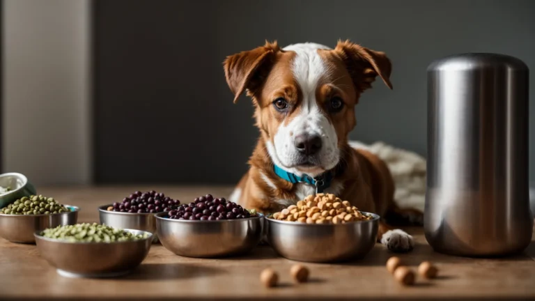 a dog is sitting between two bowls, one filled with capsules and the other with natural foods, looking puzzled.