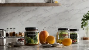 two jars of supplements on a kitchen counter, one labeled "roundhouse provisions" and the other "competitor," with fruits and vegetables in the background.
