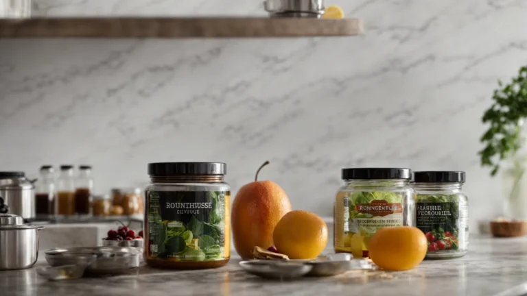 two jars of supplements on a kitchen counter, one labeled "roundhouse provisions" and the other "competitor," with fruits and vegetables in the background.