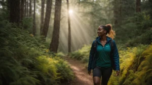 a vibrant individual radiates with energy, enjoying a serene nature hike, embodying the transformation to optimal health through "activated you."