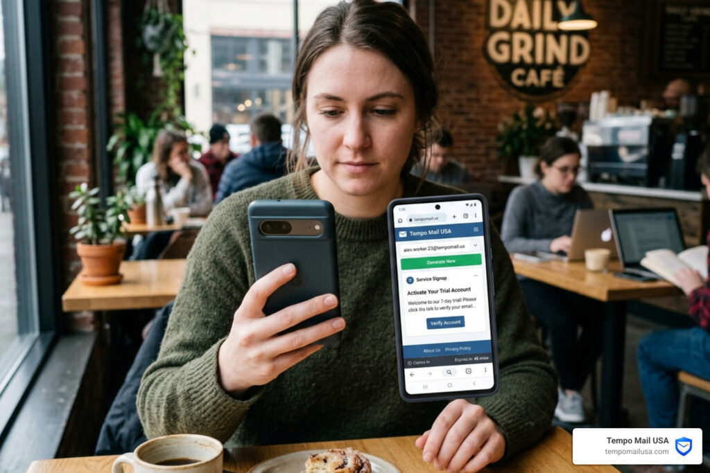 User accessing the Tempo Mail USA PWA interface on a mobile device for a quick trial signup - tempomailusa.com top temp mail