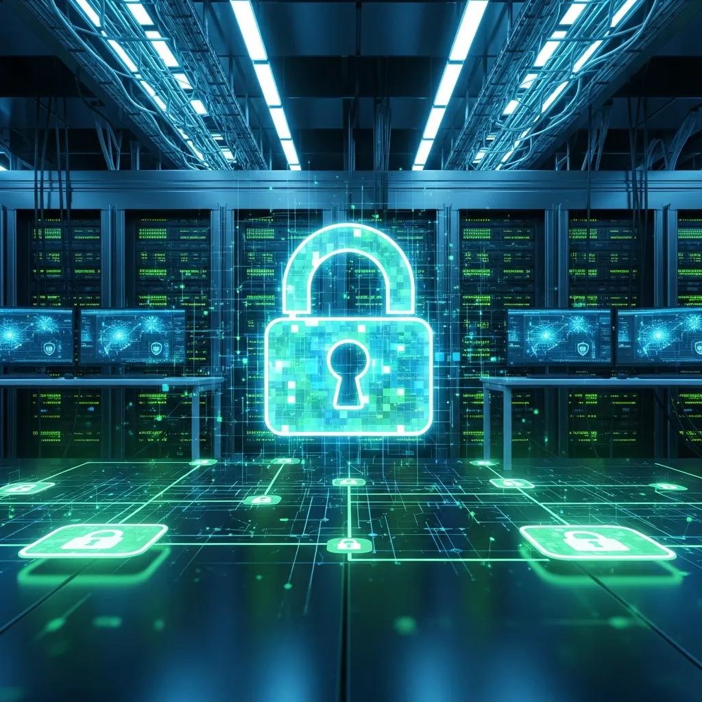 Digital lock symbol overlaying a network diagram in a secure environment