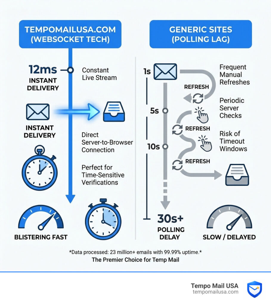 Infographic showing the 12ms delivery speed vs 30s polling lag of generic sites - tempomailusa.com top temp mail site