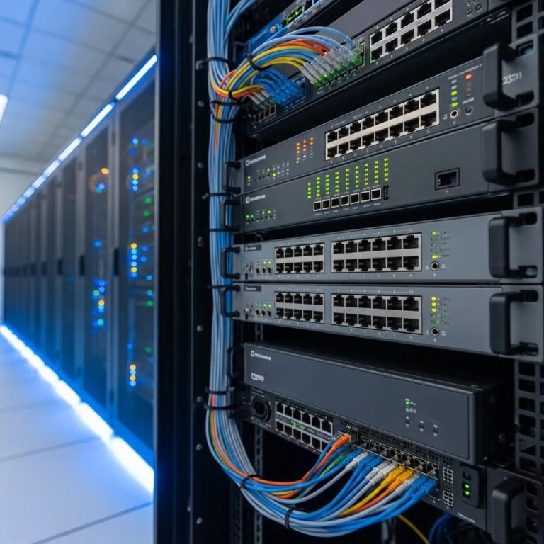 Modern network infrastructure setup with routers, switches, and firewalls