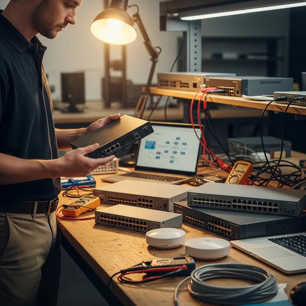 Professional evaluating network hardware components in a tech environment