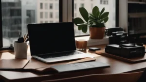a streamlined desk setup with a laptop and organized workspace.